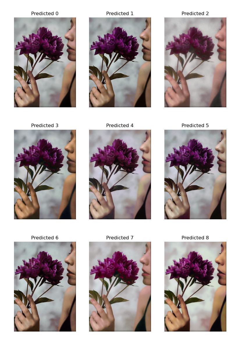 A 3 by 3 grid of the 9 predicted styles of an image of a puppy