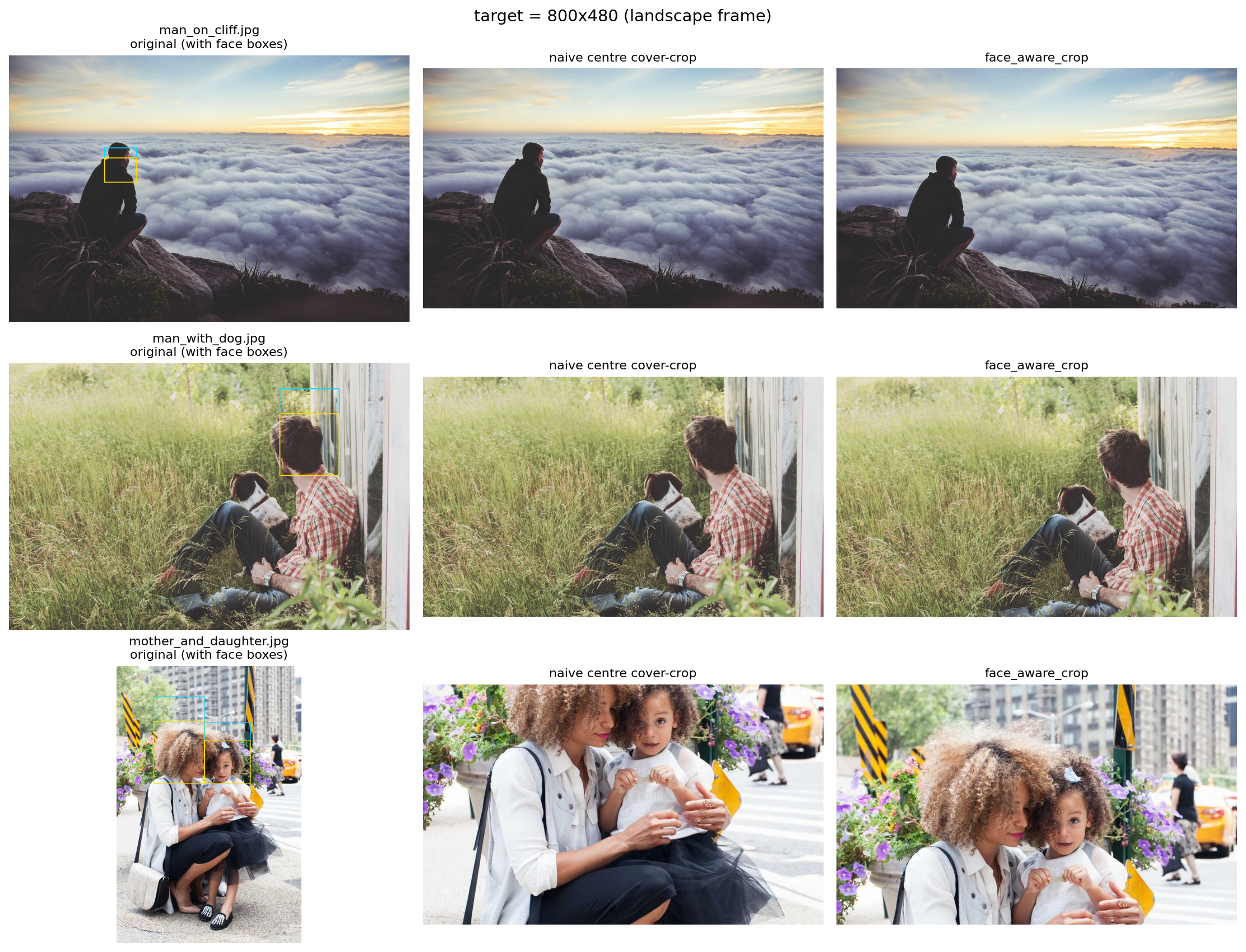 Crop comparison showing original photos with face boxes, naive centre crops, and face-aware crops for a landscape frame target