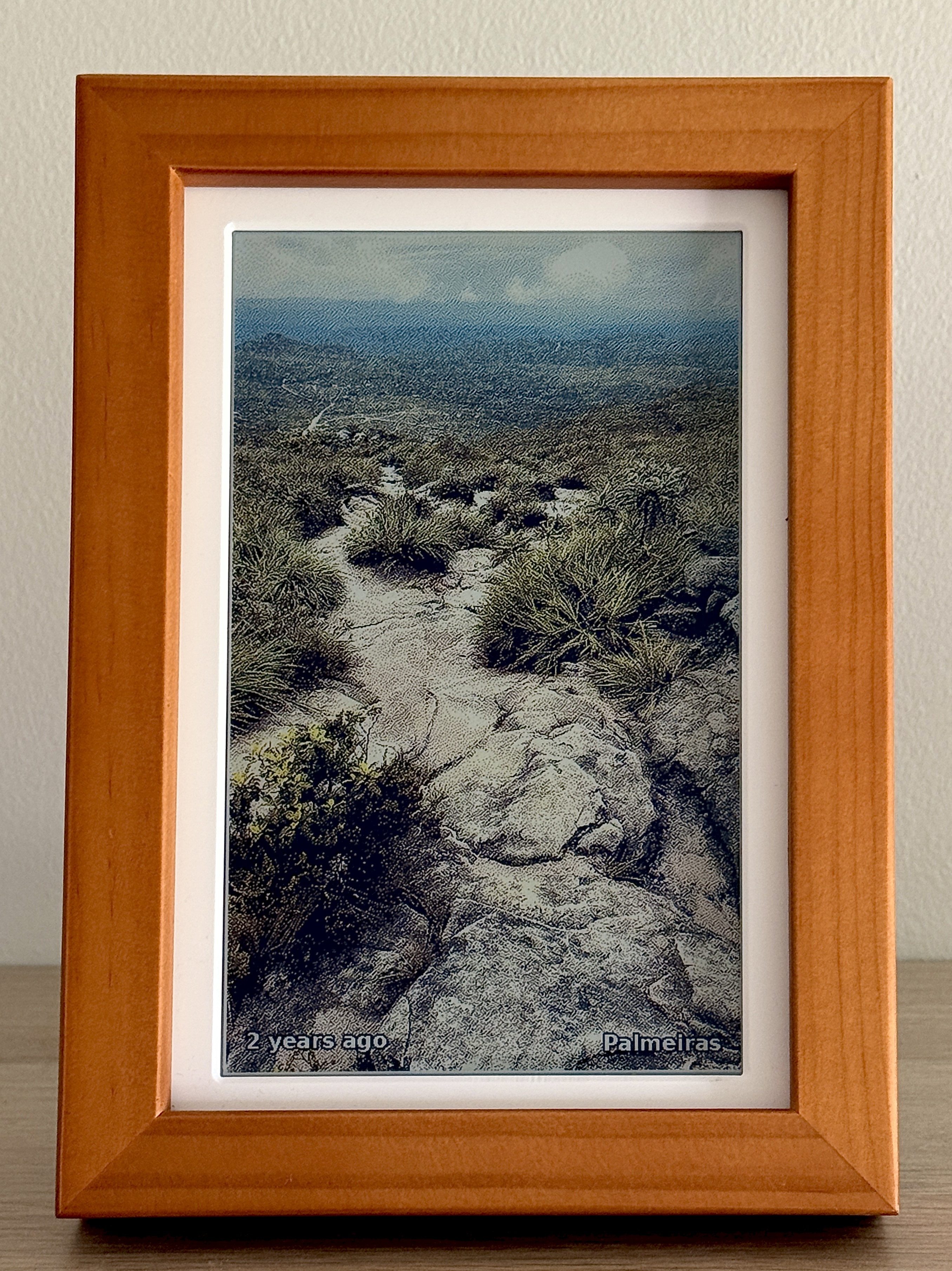 The frame showing a dithered landscape photo with a small overlay reading '2 years ago' and 'Palmeiras'